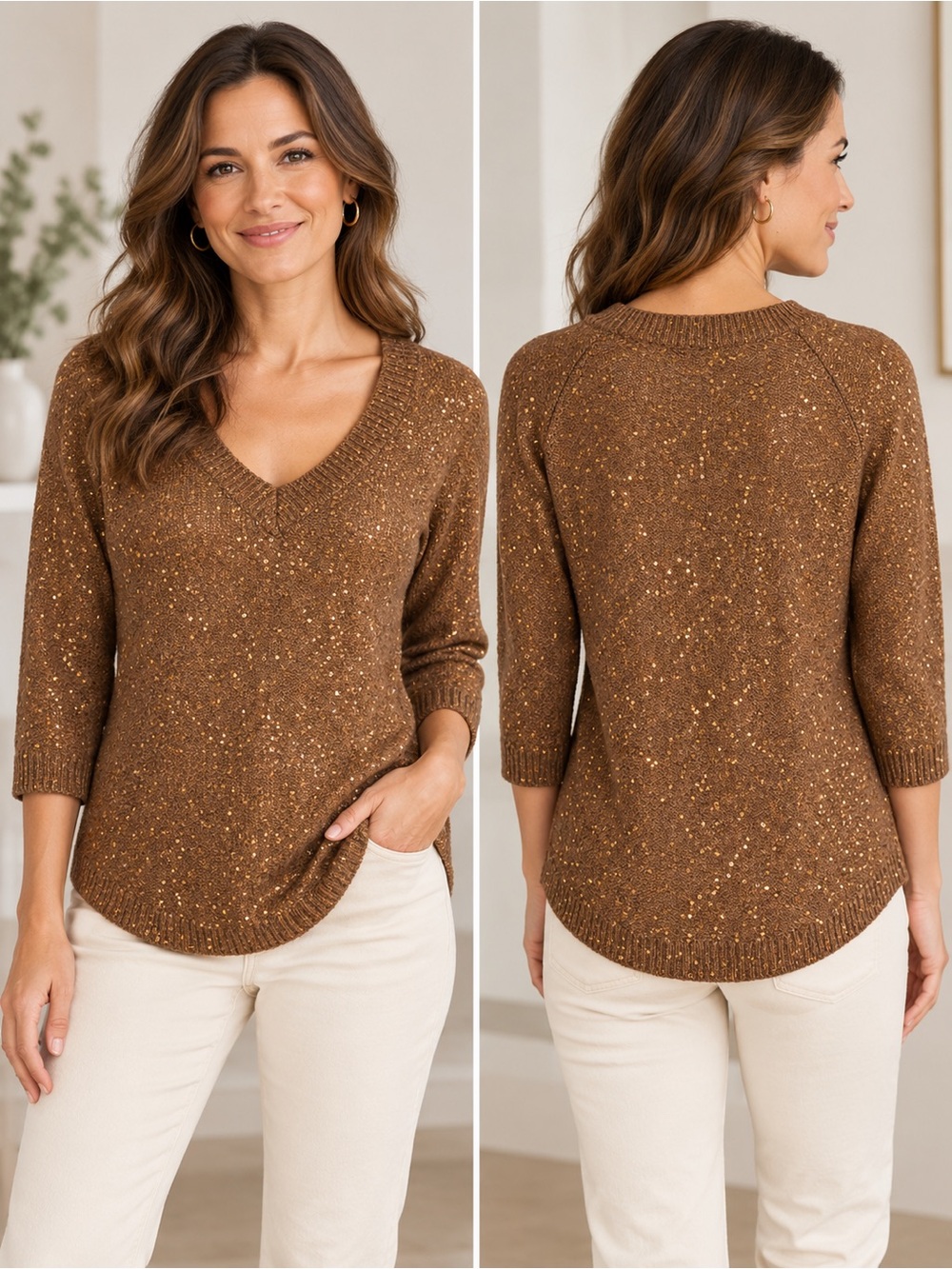 Soft Surroundings Women’s Brown Sequin V-Neck Sweater Size M 3/4 Sleeve